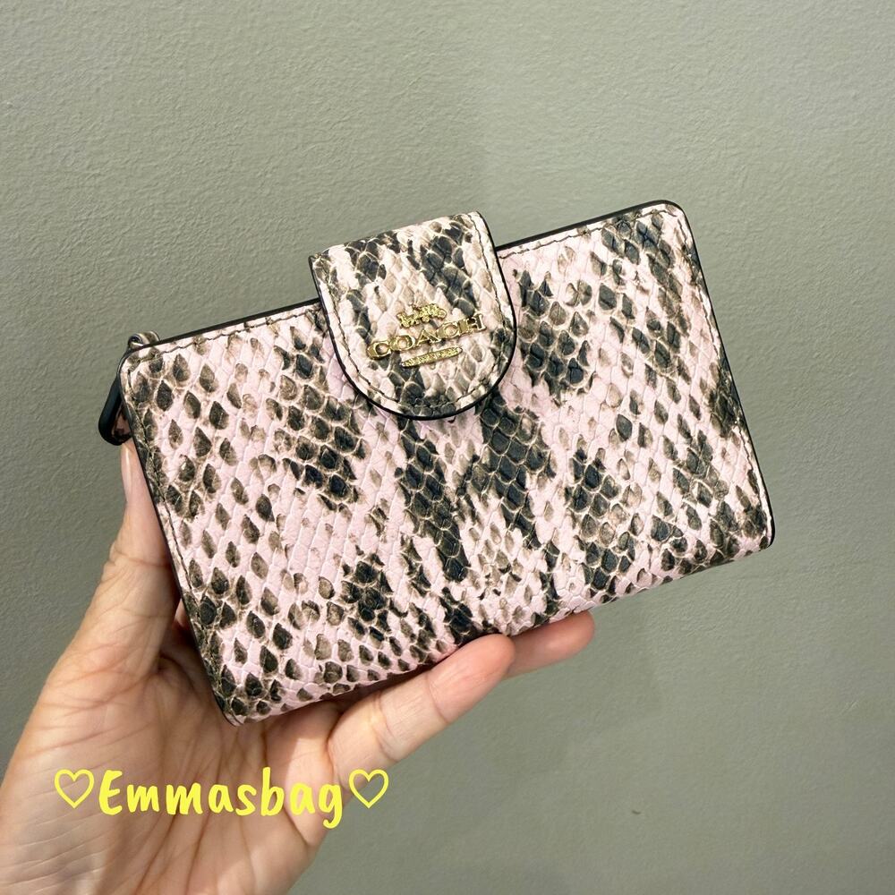 Coach Medium Corner Zip Wallet CEL81 snake embossed leather/Gold/Pink